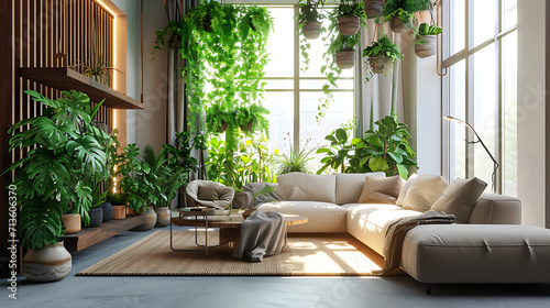 A exuberante vegetação enche a ampla sala de estar iluminada pelo sol criando um oásis refrescante em meio ao burburinho urbano