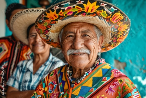 Happy mexican people in national clothes from history of Mexico realistic detailed photography texture. Mexican man portrait. Horizontal format