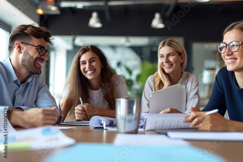 Professional executives business group working with documents at meeting in office. Smiling corporate board team having discussion planning company project strategy sitting at board room table