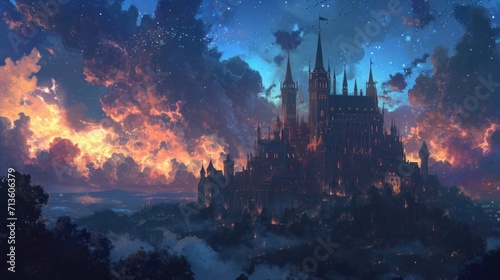 Night sky over a medieval castle, with manga-style clouds adding an element of fantasy to the historical setting generative ai