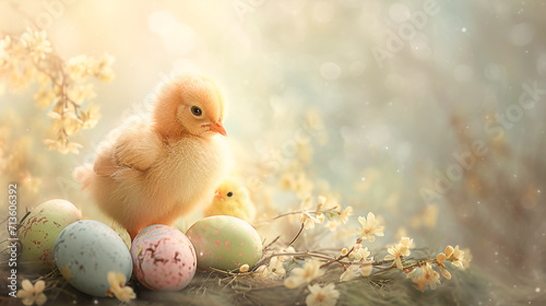 A fluffy yellow chick, surrounded by colorful Easter eggs and flowering tree branches, nestles comfortably in a warm, sun-drenched nest. copy place