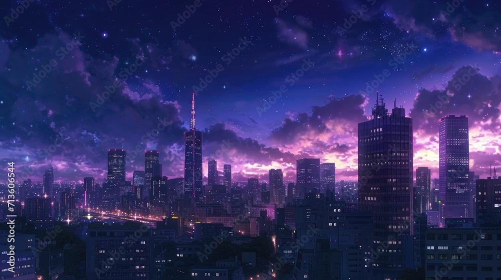 Obraz premium Nighttime cityscape with skyscrapers illuminated against a dark, starry sky. Manga-style generative ai