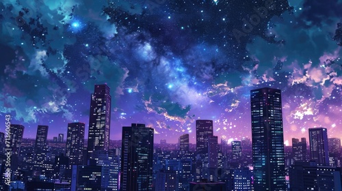 Nighttime cityscape with skyscrapers illuminated against a dark, starry sky. Manga-style generative ai