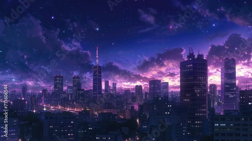 Nighttime cityscape with skyscrapers illuminated against a dark  starry sky. Manga-style generative ai