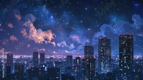 Nighttime cityscape with skyscrapers illuminated against a dark, starry sky. Manga-style generative ai