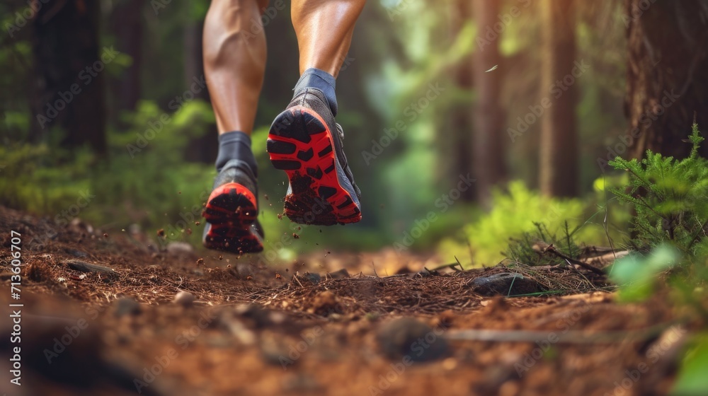 shoes hitting the trail in a dense forest, surrounded by towering trees and the serenity of nature generative ai shoes hitting the trail in a dense forest, surrounded by towering trees and the serenity of nature generative ai