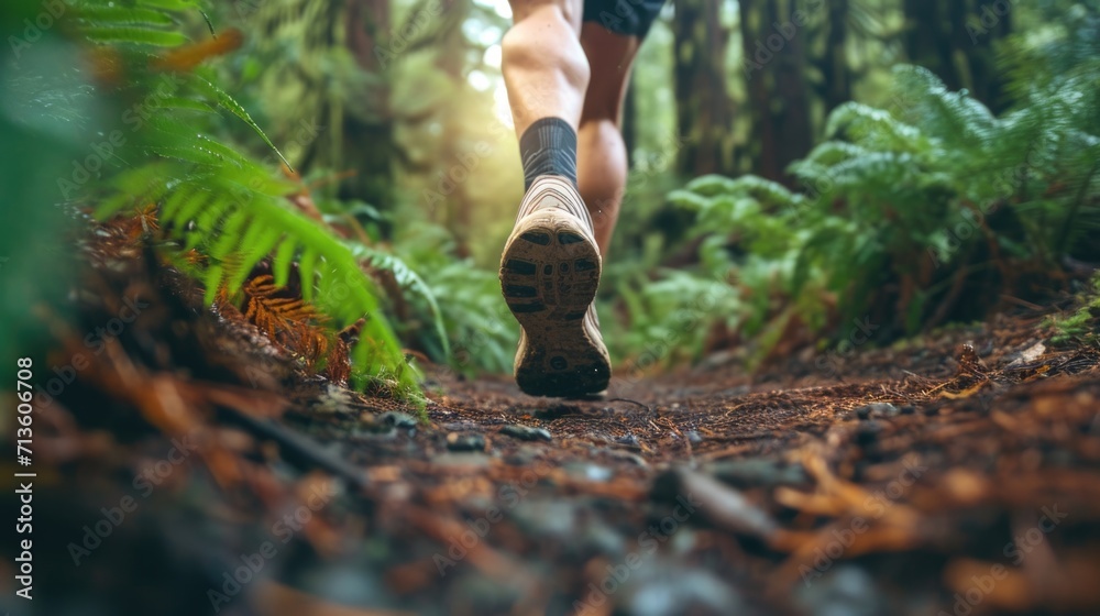 shoes hitting the trail in a dense forest, surrounded by towering trees and the serenity of nature generative ai shoes hitting the trail in a dense forest, surrounded by towering trees and the serenity of nature generative ai