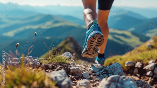 shoes making strides on a mountain ridge, with panoramic views of valleys and peaks in the background generative ai