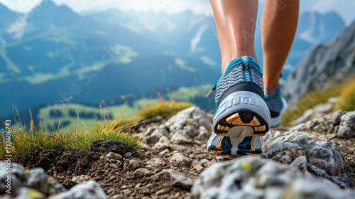 shoes making strides on a mountain ridge, with panoramic views of valleys and peaks in the background generative ai