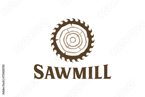 Logo illustration of a circular saw in the middle of a wooden log symbol, woodworking sawmill industry, cutting down trees and branches, stump removal service.