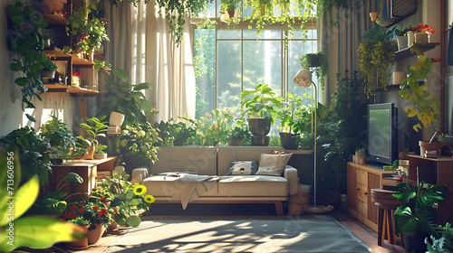 Vegetação exuberante escorre de todos os cantos da sala criando um oásis de beleza natural dentro da casa  A luz solar se filtra pelas folhas lançando padrões manchados nas paredes e no chão photo