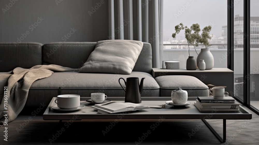 The cozy atmosphere, cashmere sweater, reading materials and serving tray blend seamlessly on the gray sofa, creating a visually pleasing and realistic scene. The cozy atmosphere, cashmere sweater, reading materials and serving tray blend seamlessly on the gray sofa, creating a visually pleasing and realistic scene.