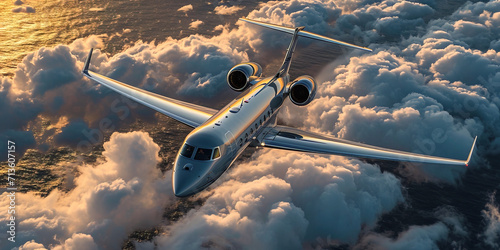 Gulfstream Aerospace luxury business jet in flight among the clouds