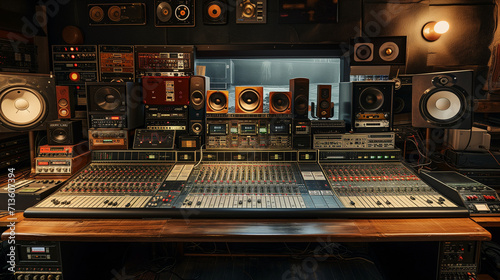 Music record studio control desk with vintage analog equipment