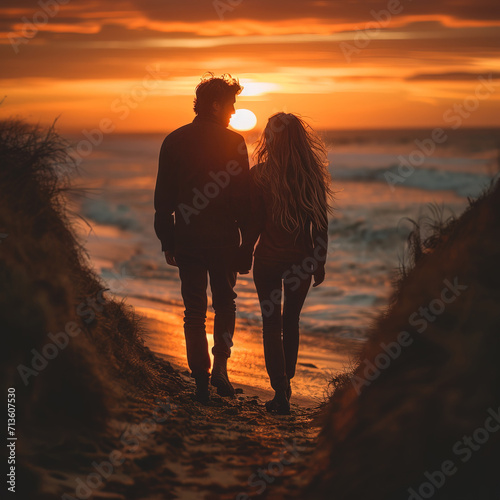 Couple holding hands during a sunset walk on the beach. AI generated image photo
