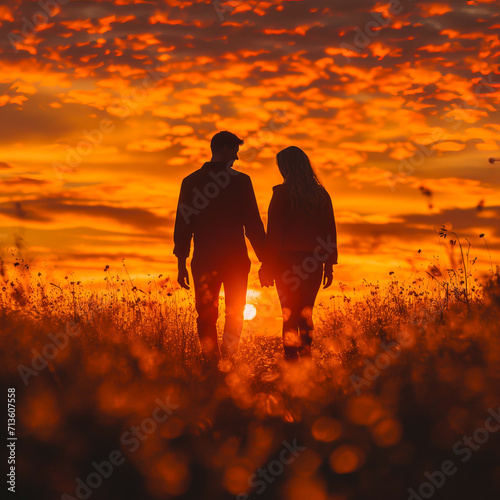 Couple holding hands during a sunset walk. AI generated image photo