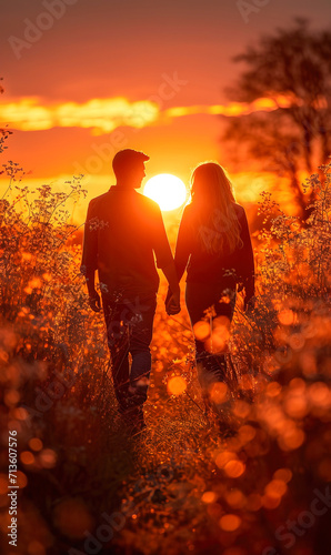 Couple holding hands during a sunset walk. AI generated image photo