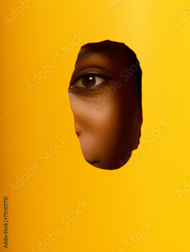 eye of the person Looking through a hole of Torn yellow cardboard.Minimal creative modeling concept