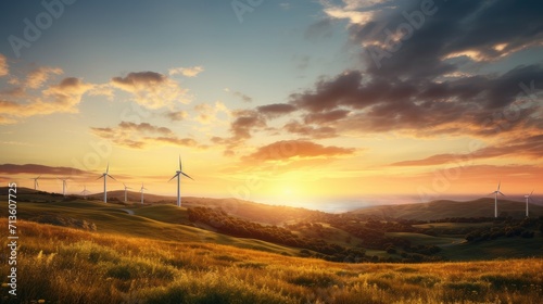 wind farm during golden hour to achieve warm and soft lighting. The sunset sky with clouds creates a picturesque backdrop of natural beauty to the bird's eye view.
