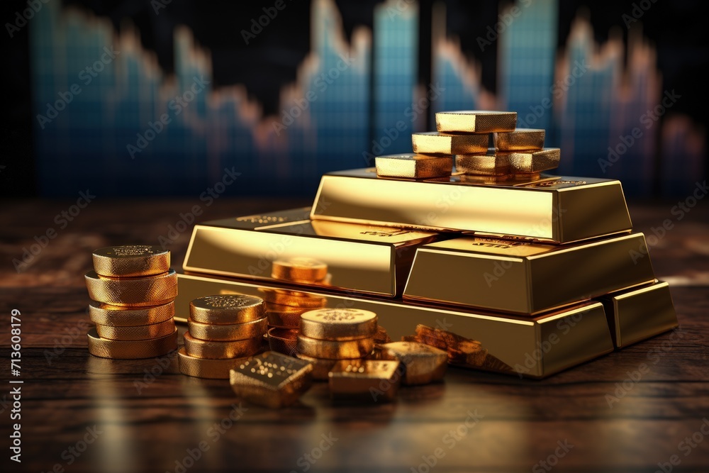 Stacked gold bars, golden coins, stock exchange ambiance, and dynamic stock charts a visual narrative of wealth, finance, and market trends Stacked gold bars, golden coins, stock exchange ambiance, and dynamic stock charts a visual narrative of wealth, finance, and market trends