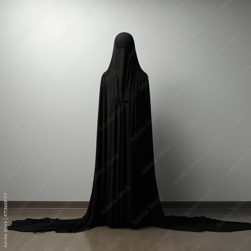 silhouette of a person in burqa infront of empty wall.Support for women's equality. creative emotional Hopelessness concept.Top view,copy space.Generative AI silhouette of a person in burqa infront of empty wall.Support for women's equality. creative emotional Hopelessness concept.Top view,copy space.Generative AI