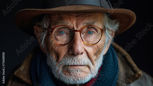 Closeup portrait of an old man with a grey beard and wearing glasses and a hat