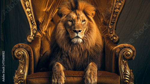 Royal lion sitting on a throne, closeup. AI Generative