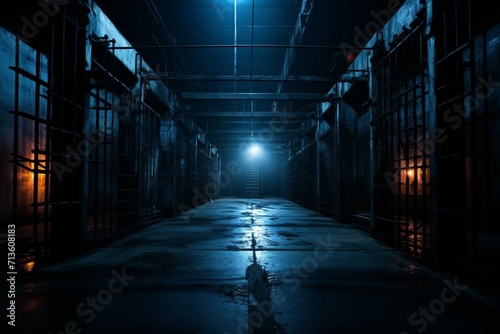 Dark industrial scene with a blue-lit metal corridor grating. Generative AI