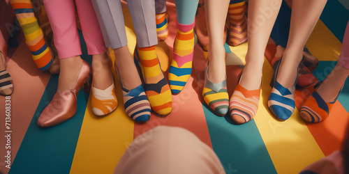 A group of women's legs in a row.Minimal creative fashion and social concept.Copy space,top view.Generative AI
