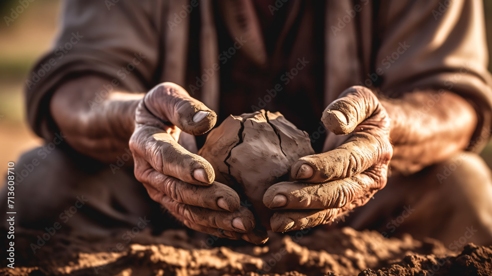 Soiled hand shaping clay in an outdoor workshop. Generative AI Soiled hand shaping clay in an outdoor workshop. Generative AI