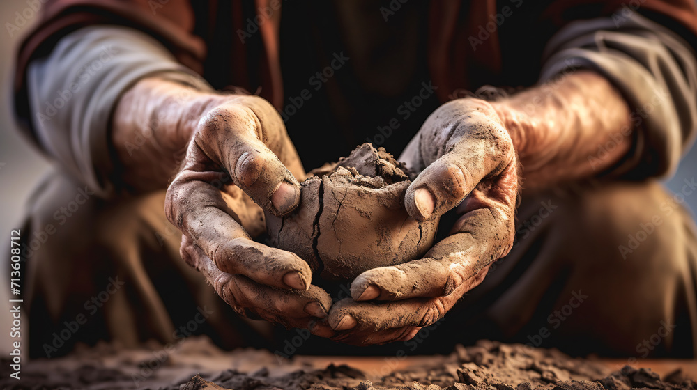 Soiled hand shaping clay in an outdoor workshop. Generative AI Soiled hand shaping clay in an outdoor workshop. Generative AI