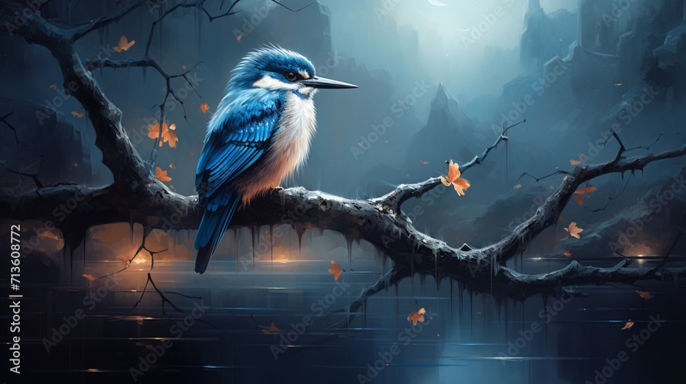 Fototapeta premium Vibrant Kingfisher Perched on a Sunlit Branch, Majestically Overlooking its Surroundings - AI-Generative
