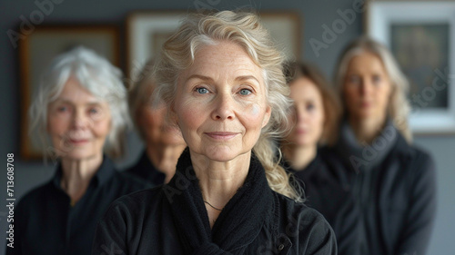A smiling older woman in front of a group of similar women in the background