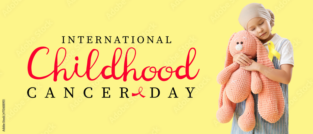 Little girl with awareness ribbon and toy bunny on yellow background. Banner for International Childhood Cancer Day