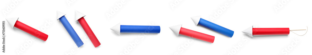 Set of firework rockets for USA Independence Day isolated on white Set of firework rockets for USA Independence Day isolated on white