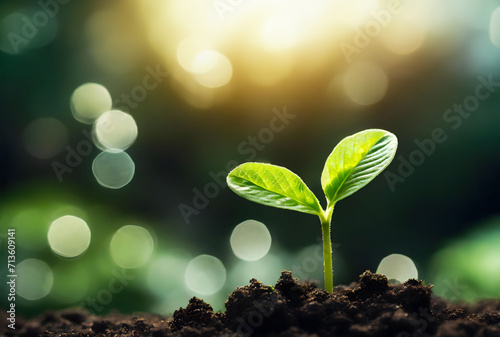 Close up of a young plant sprouting from the ground with green bokeh background, rich soil, ecology concept, World Soil Day, generative ai #713609141