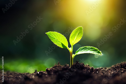 Close up of a young plant sprouting from the ground with green bokeh background, rich soil, ecology concept, World Soil Day, generative ai © creavist