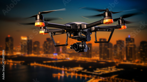 night photography of a drone flying over city skyline