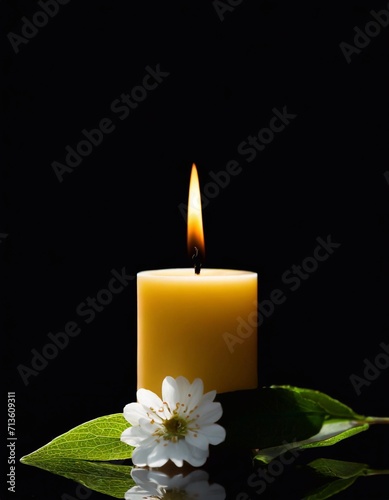 A candle with a flower on a black background.