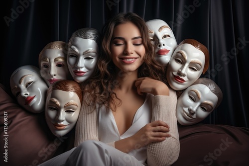 Fake emotion, character roles, intricate interplay of masks, moods, psychological defense mechanisms performed role-playing, concealing false visage for defense, theater Psychology psychoanalysis