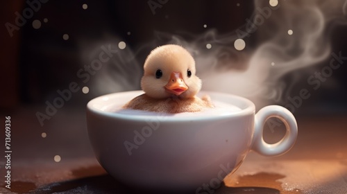 Foto tiny duck swimming in a cup of steamy hot chocolate with tiny marshmallows, 16:9