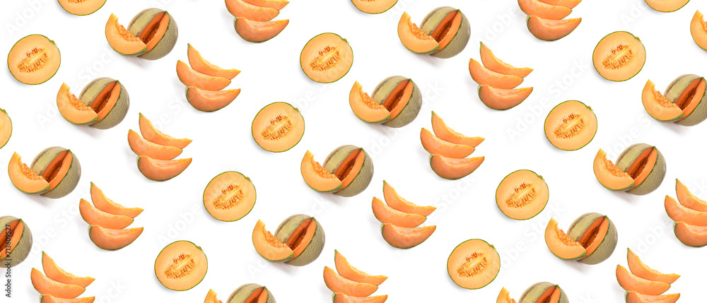Fototapeta premium Many tasty ripe melons on white background. Pattern for design