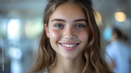 Radiant young woman with a delightful smile in a light-filled space. portrait of happiness captured in a candid moment. AI