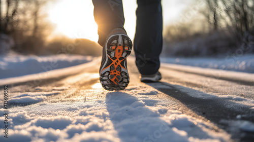 Les semelles de chaussures d'une personne marchant sur une route couverte de neige fondante, éclairée par le soleil hivernal. photo