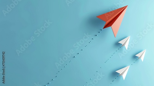 Red paper plane out of line with white paper to change disrupt and finding new normal way on blue background. Lift and business creativity new idea to discovery innovation technology. 3d render photog photo