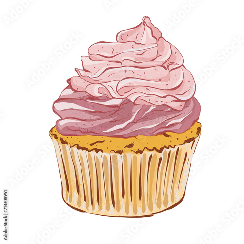 Festive cupcake with berry cream and meringue. Realistic style. Hand drawn illustration isolated on white background. Graphic element for pastry shops, cafe and bar menus