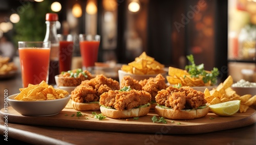 Crispy chicken wings with nachos, sliders, and french fries with natural juice. Restaurant menu meal