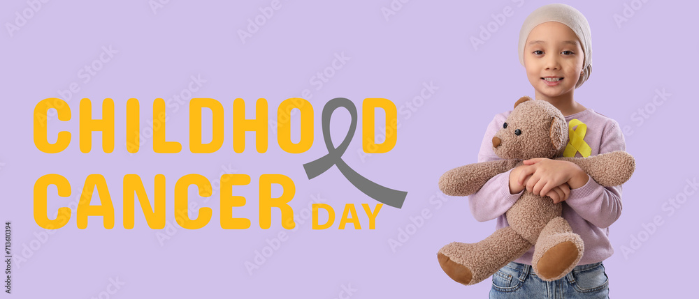 Little girl with awareness ribbon and toy bear on lilac background. Banner for International Childhood Cancer Day Little girl with awareness ribbon and toy bear on lilac background. Banner for International Childhood Cancer Day