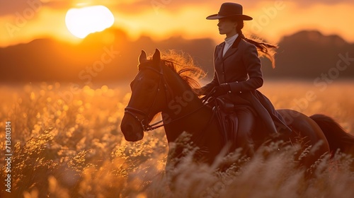 Equestrian at sunset: a rider gallops across the field in golden light. serene outdoor adventure. AI