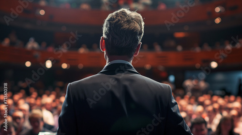 Confident speaker addressing a large audience with authority and clarity